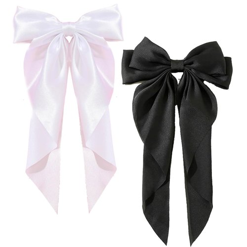 Yuyeran 2Pcs Super Big Bow Hair Clips French Style Soild Color Knotted Bowknot Spring Snap Barrettes Hair Clips with Long Ribbon for Women Girls (Black+White)