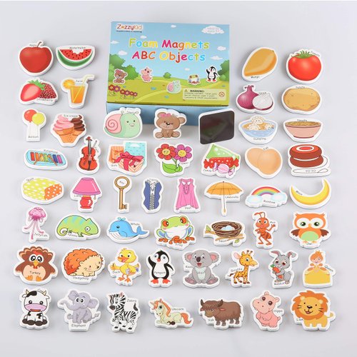 ZazzyKid Magnetic Foam Objects for Kids: 52 Toys of ABC Alphabet for Baby Early Education Fridge Magnets