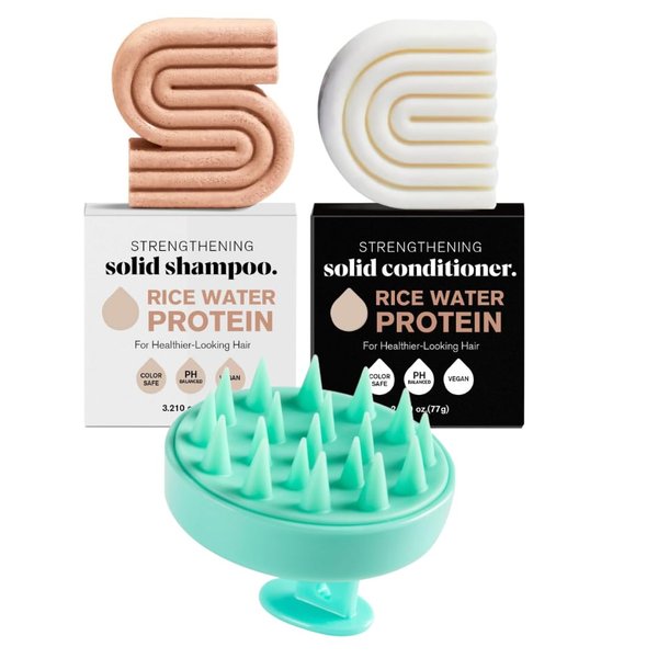 Revitalize Your Hair with Our Rice Water Protein Shampoo & Conditioner Bar Set – Bonus Scalp Massager Included! Ideal for Repairing Damage, Thinning Hair, and Dry Scalp – Eco-Friendly Solution!"