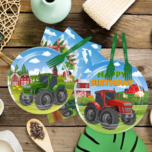 96Pcs Tractor Birthday Party Decorations, Tractor Birthday Party Supplies Includes Tractor Plates Napkins Forks, Tractor Theme Tableware Set Tractor Birthday Decorations for Baby Shower(Serves 24)