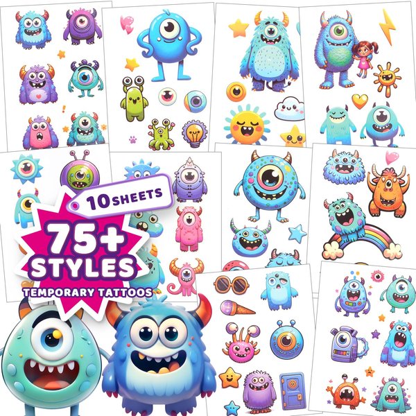 Yocieco Tattoos for Kids - 10 Sheets Cute Monster Temporary Tattoo, Waterproof Fake Stickers for Arm, Shoulder, Perfect for Boys Birthday Party Supplies