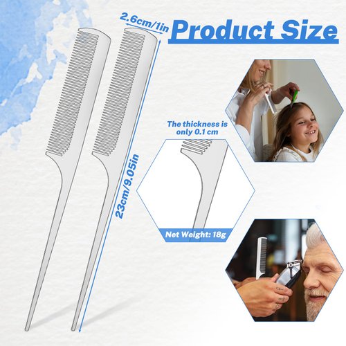 2 PCS Metal Rat Tail Comb Stainless Steel Hair Combs Flat Top Fine Cutting Comb Teasing Pin Tail Barber Comb with Parting Tip for Braiding Hair, Rat Tail Comb with Metal Pick for Women Men