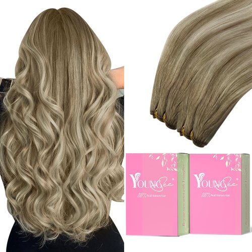 YoungSee Sew in Hair Extensions Balayage Brown Double Weft Hair Extensions Human Hair Medium Brown Fading to Brown Mix Platinum Soft and Smooth Sew in Hair Extensions Real Human Hair 100G 16Inch