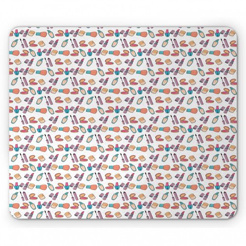 Ambesonne Colorful Mouse Pad, Hand Drawn Numerous Hand Care Mascara Nail Makeup Cosmetic Products Print, Rectangle Non-Slip Rubber Mousepad, Standard Size, White Multicolor