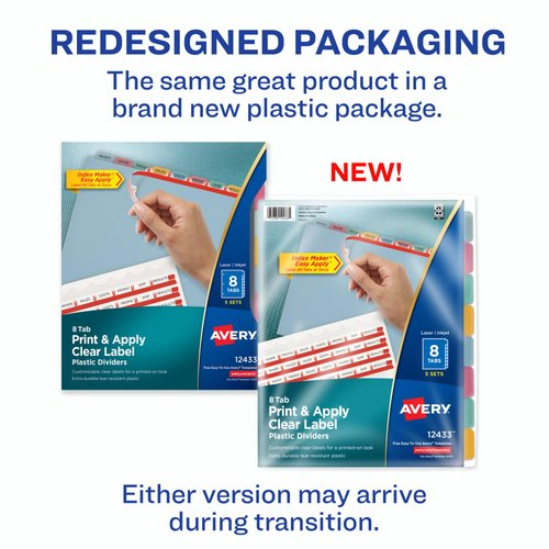 Avery 8 Tab Plastic Dividers for 3 Ring Binder, Easy Print & Apply Clear Label Strip, Index Maker Customizable Multicolor Tabs, 5 Sets (11433)