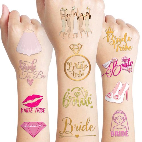 100 PCS Funny Bride Tribe Temporary Tattoos Sticker Birthday Decorations Rings Bridesmaid Bachelorette Themed Party Favors Supplies Bridal Shower Bride To Be Girls Woman Adult Gifts