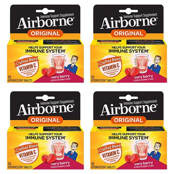 Airborne Very Berry Effervescent Tablets, 10 count - 1000mg of Vitamin C - Immune Support Supplement (Pack of 4)