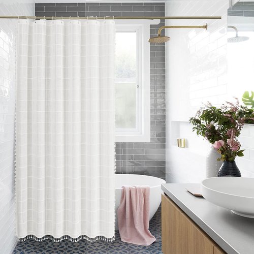 Gibelle White Boho Farmhouse Shower Curtain with Tassels, Shabby Chic Cute Cottagecore Bathroom Decor Thick Waffle Weave Textured Fabric Shower Curtain Set with Hooks, 72x72