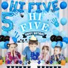 Hi Five Birthday Party Decorations Boy, Blue 5th Birthday Decorations Backdrop Cake Cupcake Topper Blue Black Balloon Number 5 High Five Foil Balloon for Boy 5 Year Old Birthday Party