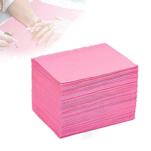 BUCICE 50Pcs Disposable Nail Art Table Towels 3 Ply Tissue Waterproof Lap Cloths 13" x 18" Waterproof Dental Bibs for Patients - Dentist or Medical Tray Cover and Nail Table Cover Supplies, Pink