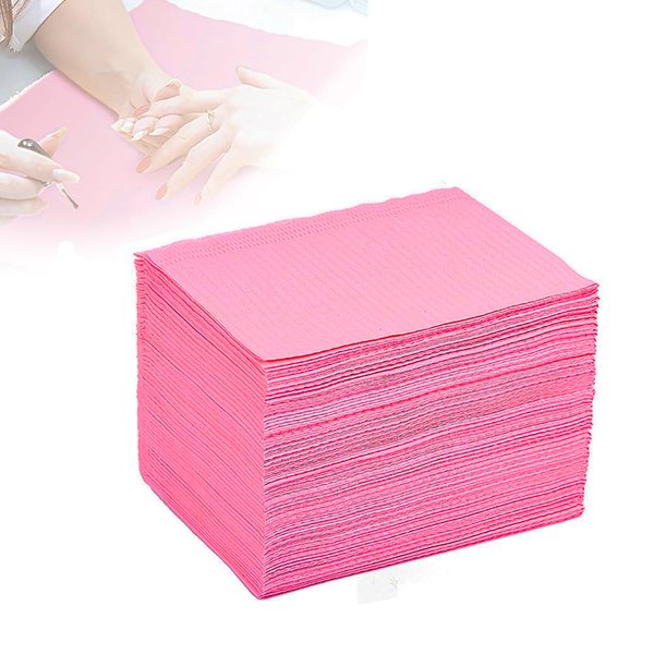 BUCICE 50Pcs Disposable Nail Art Table Towels 3 Ply Tissue Waterproof Lap Cloths 13" x 18" Waterproof Dental Bibs for Patients - Dentist or Medical Tray Cover and Nail Table Cover Supplies, Pink