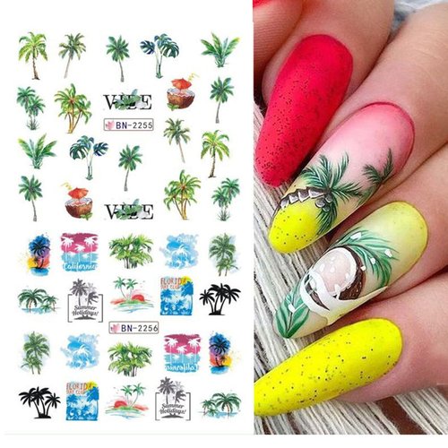 Summer Coconut Tree Nail Art Stickers Water Transfer Nail Decals Ocean Beach Palm Tree Nail Design Sticker Tropical Style Nail Stickers for Women Girls DIY Nails Design Nail Art Decorations Supplies