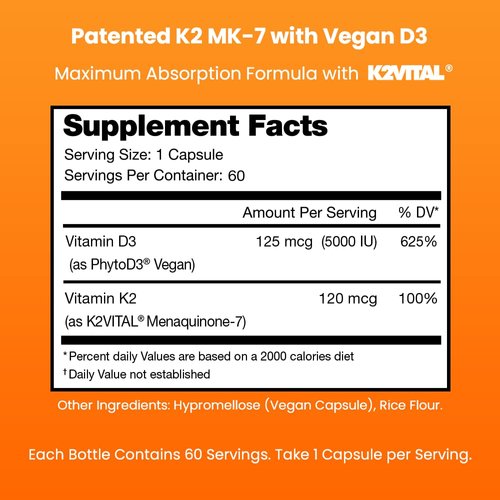 NutraChamps D3 with K2 MK7 Supplement for Heart & Bone Health | Vitamin D & K Complex | 5000 IU of Vitamin D 3 & 100 mcg of Vitamin K 2 MK-7 | 60 Vitamin K2 D3 Capsules