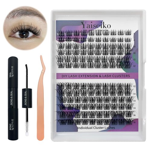 Diy Eyelash Extension Kit with 120 Pcs Individual Lash Clusters, Bond and Seal Lash Glue, Tweezer, D Curl 8-16mm Mix Clusters Lashes Mega Volume Wispy Eyelashes DIY at Home, by Yaiseiko