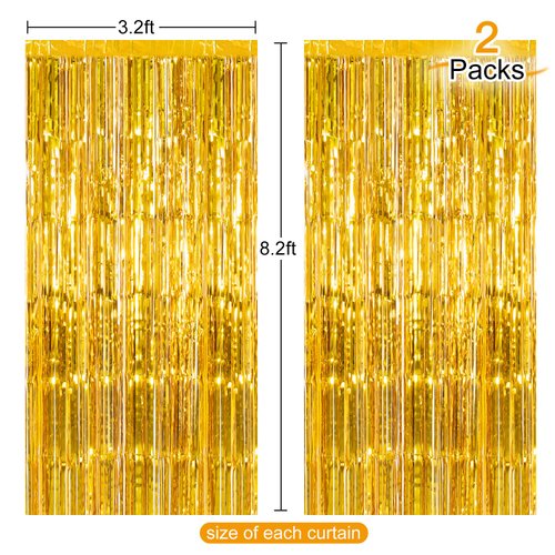 CHRORINE 2pcs 3ft x 8.3ft Gold Tinsel Foil Fringe Curtains Streamers Backdrop for Birthday Graduation Wedding Engagement Bridal Shower Bachelorette Holiday Gold Party Decorations