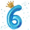 40 Inch Blue Number 6 & Mini Crown Balloon for Birthday Party Decorations, 6th Birthday Party Decorations Blue Theme Party Balloons Decorations Supplies