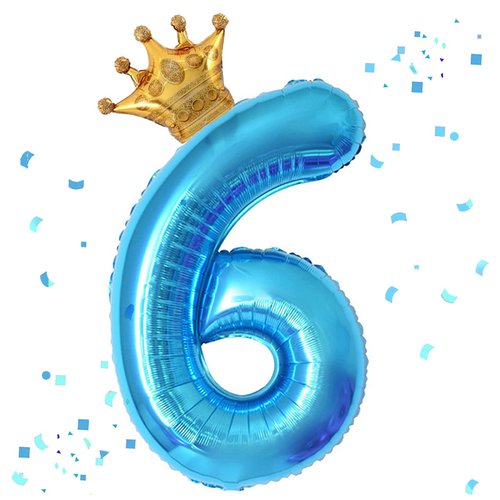 40 Inch Blue Number 6 & Mini Crown Balloon for Birthday Party Decorations, 6th Birthday Party Decorations Blue Theme Party Balloons Decorations Supplies