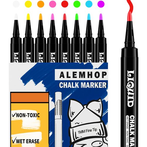 ALEMHOP Chalk Markers for Blackboard - Chalkboard Markers - Liquid Chlak Pens for Chalk board, First Day of School Signs, Window, Glass, Fine Tip, Multicolor, 8 Pack