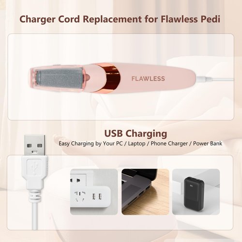 2 Pcs 5 FT Replacement Charger Cable for Flawless Pedi, Compatible with Finishing Touch Flawless Electric Foot Callus Remover, USB to DC Barrel Charging Cord for Flawless Pedicure Tool Pedicure Wand