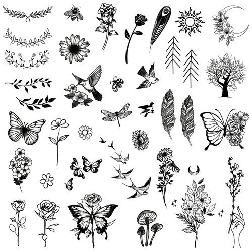 One Grace Mini Nature Temporary Tattoos - Realistic Long Lasting Waterproof Tiny Tattoos - Black and White Butterflies Bird Flower Rose Tree Branch Boho Small Tattoos for Women and Men