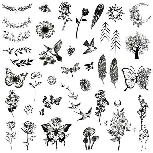 One Grace Mini Nature Temporary Tattoos - Realistic Long Lasting Waterproof Tiny Tattoos - Black and White Butterflies Bird Flower Rose Tree Branch Boho Small Tattoos for Women and Men