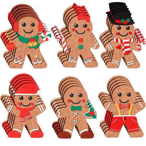 Soaoo 30 Sets Gingerbread Man Craft Kit for Kids Christmas DIY Crafts Gingerbread Man Stand Up Felt Decorations for Kids Xmas Party Supplies Fun Home Classroom Activities, 6 Styles