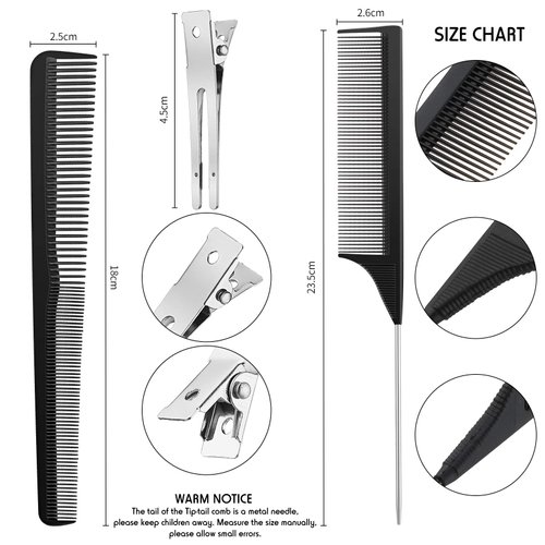 Patelai 52 Pcs Professional Comb Set Hair Combs for Women Men Include Rat Tail Combs Taper Hair Comb 50 Double Prong Curl Clips Carbon Fiber Hair Comb Set for All Hair Types Natural Curly(Black)