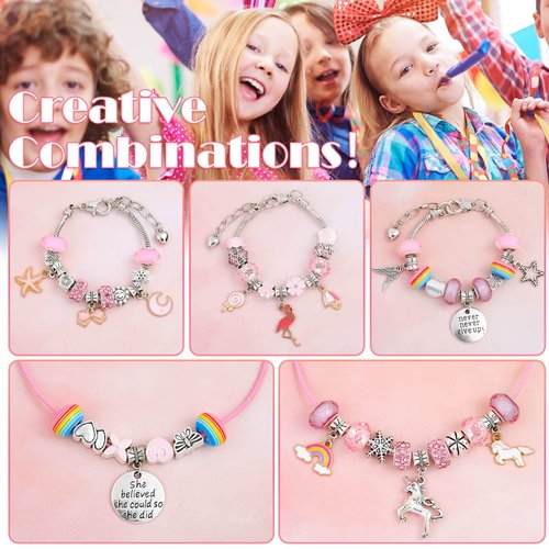 DIY Charm Bracelet Making Kit, Flasoo Jewelry Kit for Teen Girls with Unicorn Mermaid Pink Stuff Craft Gifts for Birthday, Christmas, New Year