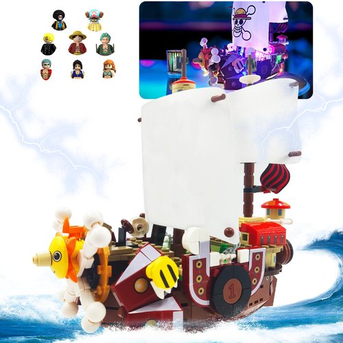 JESGO 1 Piece Anime Thousand Sunny Ship Building Blocks Set with Light, Featuring 9 Action Main Figures, One Piece Merch Pirate Boat Model Building Ideal Gift for Kid, Fans(432 PCS)