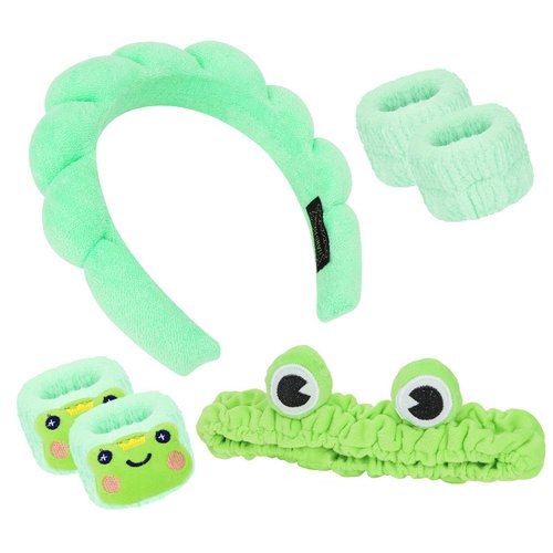 ACO-UINT 6Pcs Green Spa Headbands and Wrist Washbands Set, Skincare Headbands Frog Face Wash Headband Makeup Headband, Terry Cloth Headbands Face Towel Wristbands Puffy Hair Band for Washing Face