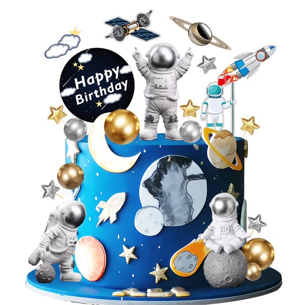 28 Pieces Astronaut Space Cake Toppers Outer Space Astronaut Figurines Planet Rocket Satellite Pearl Balls and Stars Kids Space Theme Decorations for Birthday Party Supplies Baby Shower