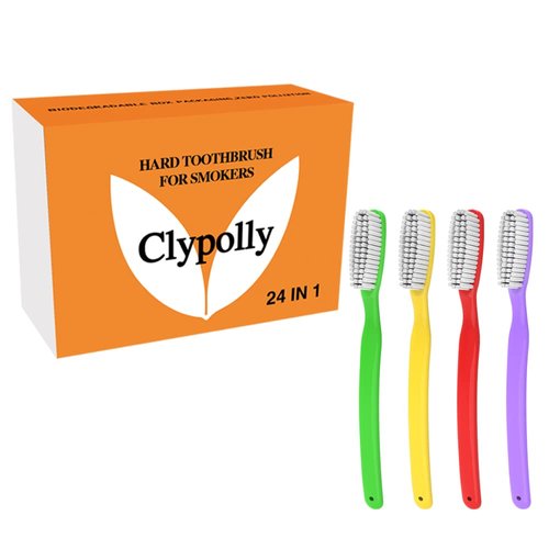 Clypolly Hard & Firm Toothbrush Stiff Bristle Brush for Smokers Oral Care Teeth Whitening Cleaning for Adult Travel Pack of 24