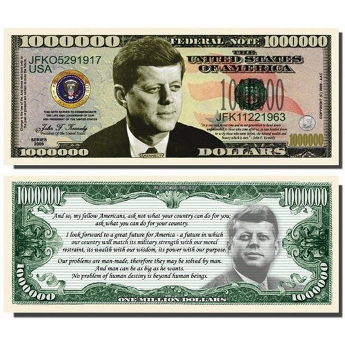 5 John F. Kennedy Million Dollar Bills with Bonus “Thanks a Million” Gift Card Set