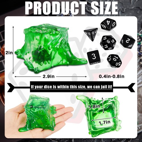 Deekin Dice Jail Gelatinous Cube Dice Prison Resin Dice Cage, 7 Role Playing Dice with Dice Container Black Polyhedral Dice Set Miniature Accessory for Gatherings Activity Party Game Gift Set (Green)