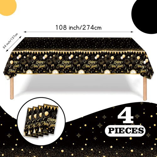 4PCS New Year Tablecloth, Disposable Black Gold NYE Party Tablecloth Decorations, Rectangular Plastic Happy New Year Table Cover NYE Theme Party Supplies for Birthday Party Decorations, 108 x 54”