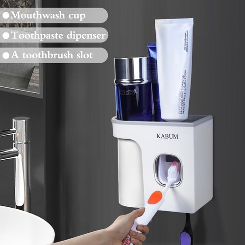 KABUM Toothbrush Holders for Bathrooms Toothpaste Dispenser - Cup Automatic Toothpaste Squeezer Wall Mounted, Toothbrush and Toothpaste Holder, Grey