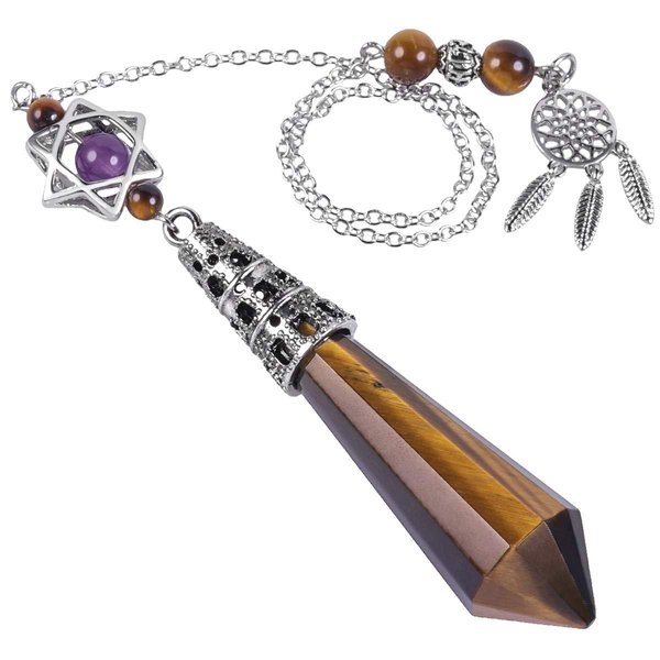 Nupuyai Healing Crystal Point Pendulum for Reiki Dowsing Divination Meditation with Dream Catcher Merkaba Star, Tiger's Eye Stone