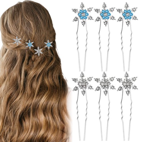 10PCS Snowflake Hair Clips, Rhinestone Bridal U-Shape Hair Clips, Blue White Christmas Hair Acces...