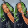 JYZ Skunk Stripe Wig Human Hair Lace Front Green Highlights Wig Human Hair Wavy 13X4 HD Lace Front Wigs Human Hair 200% Density Highlight Wigs Human Hair Pre Plucked with Baby Hair 18inch Middle Part