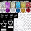 Face Glitter Body Glitter Gel with Face Heart Star Stickers, 6 Colors Hair Glitter Gel with Self Adhesive Face Gems Stick on Rhinestone Stickers for Face, Hair, Body for Festival Makeup