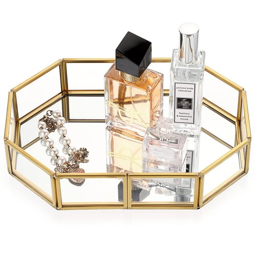 Hipiwe Gold Mirrored Makeup Tray Gold Metal Decorative Jewelry Tray Vanity Cosmetic Perfume Organizer for Dresser, Bathroom, Bedroom,Home Decor (Small)