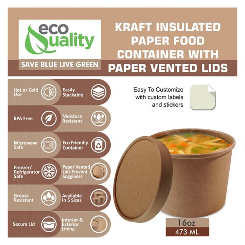 EcoQuality [75 Pack] 16 oz Disposable Kraft Paper Soup Containers with Vented LIDS - Half Pint Ice Cream Containers, Frozen Yogurt Cups, Restaurant, Microwavable, Take Out, Food Storage, Recyclable