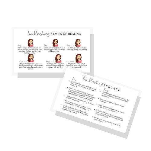 Lashicorn Lip Blush Stages of Healing & Aftercare Instructions Card | 50 Pack | 2 x 3.5 inches Business Card Size | Lip Blush Lip Glow Lip Tint PMU Lip Liner Full Lip Tint Tattoo | Emoji Girl Design