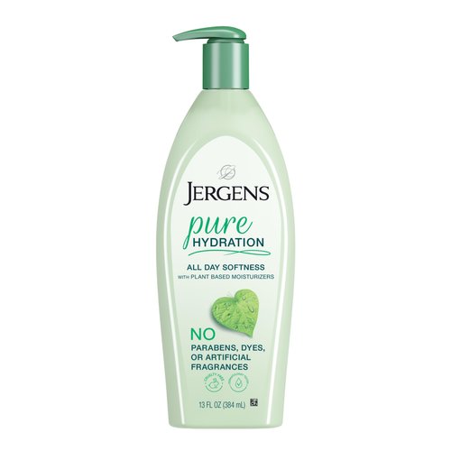 Jergens Pure Hydration Body Lotion, Plant Based Moisturizer Hydrates Dry to Extra Dry Skin, Paraben and Cruelty Free, Fragrance Free Formula, 24hr Hydration, 13 oz Pump Bottle