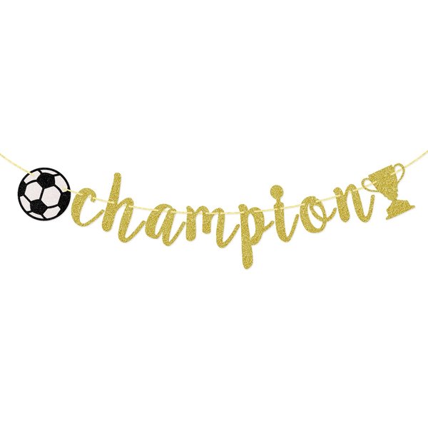 Champion Banner, Sports Theme Banner, Soccer Game Day Party Decorations, Gold Glitter