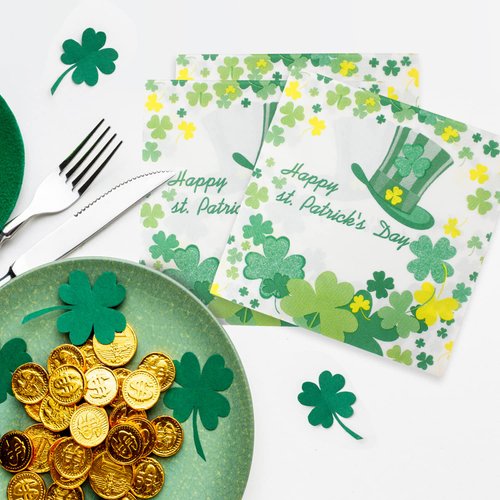 St. Patrick’s Day Napkins, Green Shamrock Paper Napkins - Disposable Saint. Patrick’s Hat Clover Dinner Napkins for Irish Event Get-together, DIY Parties, Unfolded 13x13 inches, 2-Ply, 40 count