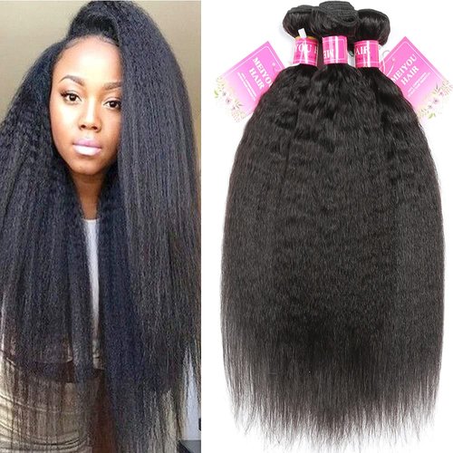 MeiYou 12A Kinky Straight Hair 3 Bundles Yaki Human Hair Weave Unprocessed Brazilian Virgin Remy Sew in Hair Extensions Natural Black (16.18.20)
