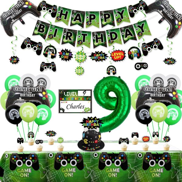 Video Game Party Decorations - 9th Birthday Decorations for Boys, HAPPY BIRTHDAY Banner, Video Game Tablecloth, Gaming Pattern Balloons, Controller Balloons, Gaming Hanging Sign, Gaming Birthday Party