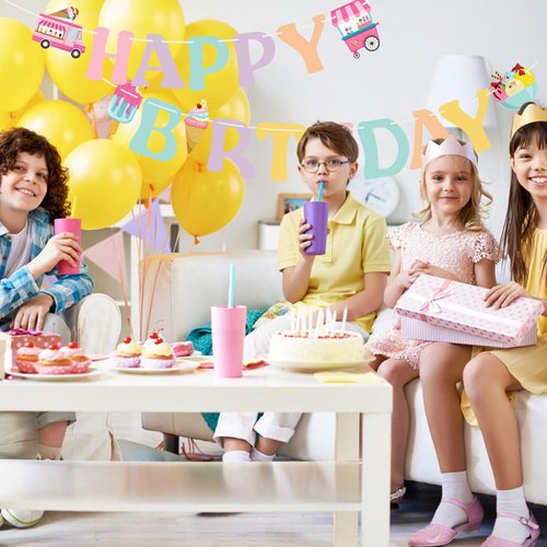 Ice Cream Happy Birthday Banner - Colorful Ice Cream Birthday Party Sign Decorations for Girls Kids Summer Theme Party Supplies