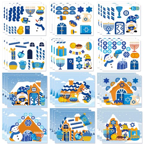 HOWAF 24 Set Hanukkah Crafts Stickers Make Your Own Chanukah Craft Kit DIY Hanukkah Gingerbread House Scene with Stickers for Chanukah Activities Party Decoration Arts Crafts